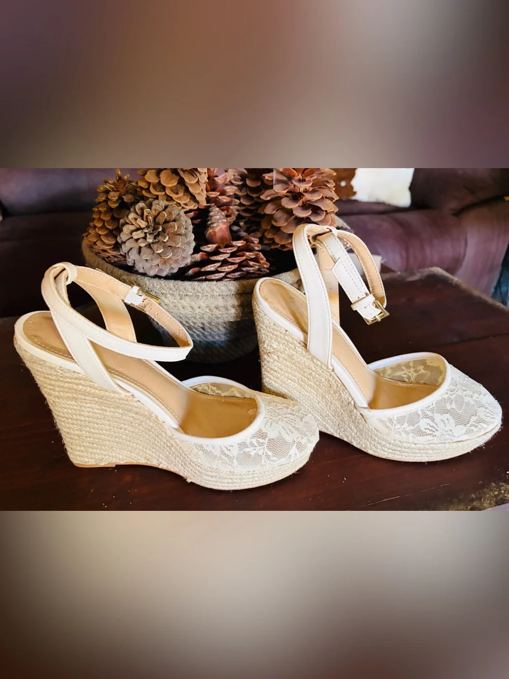 IVORY LACE ESPADRILLES WOVEN 5” HEEL 1” PLATFORM ANKLE STRAPS BEAUTIFUL SIZE 7B